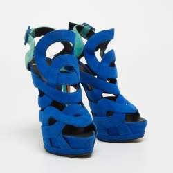 Pre Owned Giuseppe Zanotti Two Tone Suede Cutout Caged Slingback Platform Sandals Size 38.5