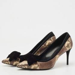 Pre Owned Giuseppe Zanotti Brown/Black Suede and Python Embossed Bow Pointed Toe Pumps Size 39