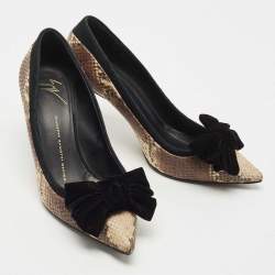 Pre Owned Giuseppe Zanotti Brown/Black Suede and Python Embossed Bow Pointed Toe Pumps Size 39