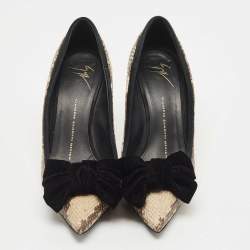 Pre Owned Giuseppe Zanotti Brown/Black Suede and Python Embossed Bow Pointed Toe Pumps Size 39