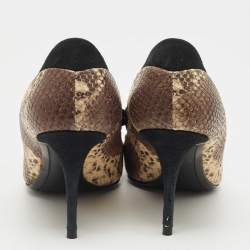 Pre Owned Giuseppe Zanotti Brown/Black Suede and Python Embossed Bow Pointed Toe Pumps Size 39