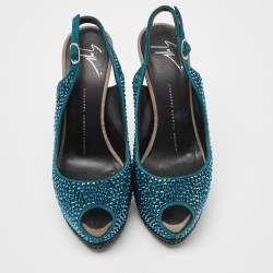 Pre Owned صندل جوسيبي زانوتي كعب ومقدمة مفتوحين سويدي ثلاثي اللون نعل سميك مزخرف كريستال مقاس 37