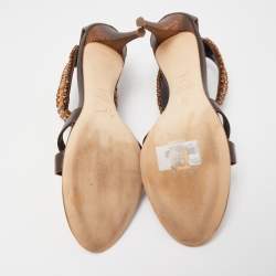 Pre Owned Giuseppe Zanotti Brown Leather Crystal Embellished T- Strap Sandals Size 39