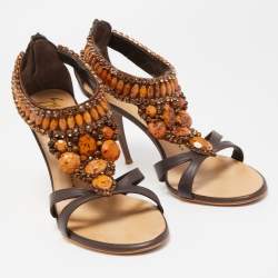 Pre Owned Giuseppe Zanotti Brown Leather Crystal Embellished T- Strap Sandals Size 39