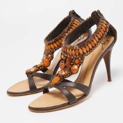 Pre Owned Giuseppe Zanotti Brown Leather Crystal Embellished T- Strap Sandals Size 39