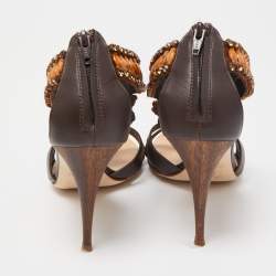 Pre Owned Giuseppe Zanotti Brown Leather Crystal Embellished T- Strap Sandals Size 39