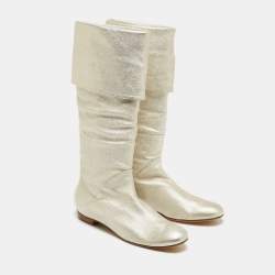 Pre Owned Giuseppe Zanotti Metallic White Foil Leather Knee Length Boots Size 41