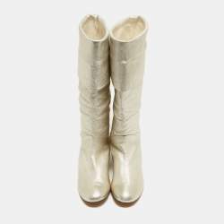 Pre Owned Giuseppe Zanotti Metallic White Foil Leather Knee Length Boots Size 41