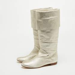 Pre Owned Giuseppe Zanotti Metallic White Foil Leather Knee Length Boots Size 41