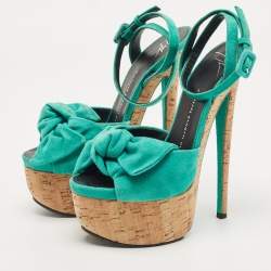 مملوكة مسبقًا Giuseppe Zanotti Green Suede Bow Cork Wedge Platform Ankle Strap Sandals Size 38