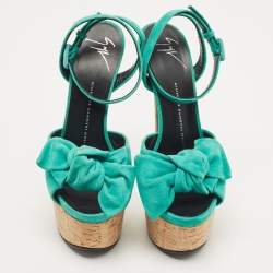 مملوكة مسبقًا Giuseppe Zanotti Green Suede Bow Cork Wedge Platform Ankle Strap Sandals Size 38