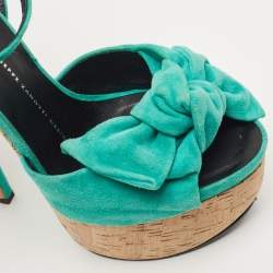 مملوكة مسبقًا Giuseppe Zanotti Green Suede Bow Cork Wedge Platform Ankle Strap Sandals Size 38