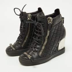 Pre Owned Giuseppe Zanotti Black Quilted Leather Wedge Sneakers Size 36.5
