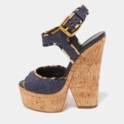 Pre Owned Giuseppe Zanotti Dark Wash Denim Cork Heel Platform Wedge Sandals Size 37.5