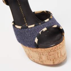 Pre Owned Giuseppe Zanotti Dark Wash Denim Cork Heel Platform Wedge Sandals Size 37.5
