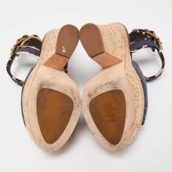 Pre Owned Giuseppe Zanotti Dark Wash Denim Cork Heel Platform Wedge Sandals Size 37.5
