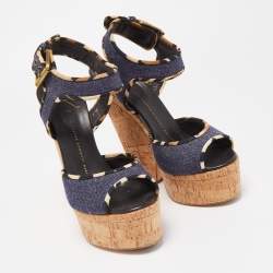 Pre Owned Giuseppe Zanotti Dark Wash Denim Cork Heel Platform Wedge Sandals Size 37.5