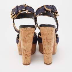 Pre Owned Giuseppe Zanotti Dark Wash Denim Cork Heel Platform Wedge Sandals Size 37.5