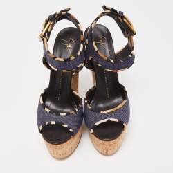 Pre Owned Giuseppe Zanotti Dark Wash Denim Cork Heel Platform Wedge Sandals Size 37.5
