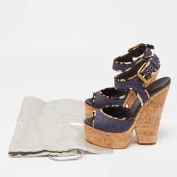 Pre Owned Giuseppe Zanotti Dark Wash Denim Cork Heel Platform Wedge Sandals Size 37.5