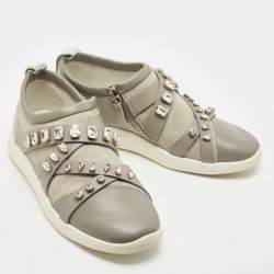Pre Owned Giuseppe Zanotti Grey Suede Leather Crystal Embellihsed Low Top Sneakers Size 39