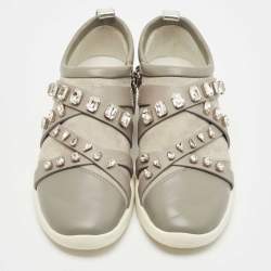 Pre Owned Giuseppe Zanotti Grey Suede Leather Crystal Embellihsed Low Top Sneakers Size 39