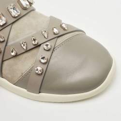 Pre Owned Giuseppe Zanotti Grey Suede Leather Crystal Embellihsed Low Top Sneakers Size 39