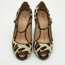 Giuseppe Zanotti Beige/Brown Leopard Print Calfhair and Patent Leather Peep Toe Pumps Size 37.5