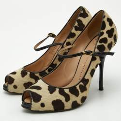 Giuseppe Zanotti Beige/Brown Leopard Print Calfhair and Patent Leather Peep Toe Pumps Size 37.5