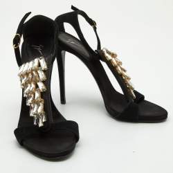 Pre Owned Giuseppe Zanotti Black Suede Crystal Embellished Ankle Strap Sandals Size 38
