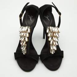 Pre Owned Giuseppe Zanotti Black Suede Crystal Embellished Ankle Strap Sandals Size 38