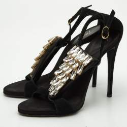 Pre Owned Giuseppe Zanotti Black Suede Crystal Embellished Ankle Strap Sandals Size 38