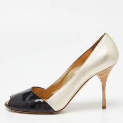 Pre Owned Giuseppe Zanotti Gold/Black Leather and Patent Open Toe Pumps Size 39.5