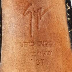 Pre Owned Guiseppe Zannotti Black/Gold Sequins and Velvet Peep Toe Slingback Platform Sandals Size 37