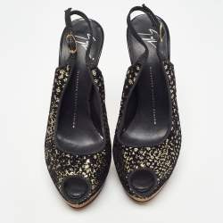 Pre Owned Guiseppe Zannotti Black/Gold Sequins and Velvet Peep Toe Slingback Platform Sandals Size 37