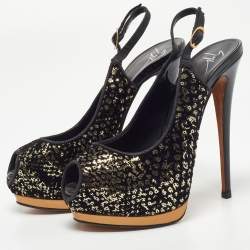 Pre Owned Guiseppe Zannotti Black/Gold Sequins and Velvet Peep Toe Slingback Platform Sandals Size 37