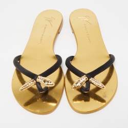 Pre Owned Giuseppe Zanotti Black Satin Jewel Embellished Thong Flat Sandals Size 38
