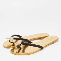 Pre Owned Giuseppe Zanotti Black Satin Jewel Embellished Thong Flat Sandals Size 38