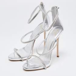 مملوكة مسبقًا Giuseppe Zanotti Silver Foil Leather Harmony Crystal Embellished Ankle Cuff Sandals Size 37.5