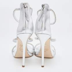 مملوكة مسبقًا Giuseppe Zanotti Silver Foil Leather Harmony Crystal Embellished Ankle Cuff Sandals Size 37.5