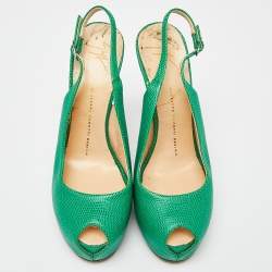 Giuseppe Zanotti Green Lizard Embossed Leather Slingback Sandals Size 39