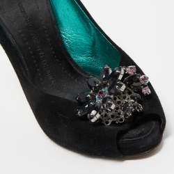 Giuseppe Zanotti Black Suede Crystal Embellished Peep Toe Platform Pumps Size 37.5