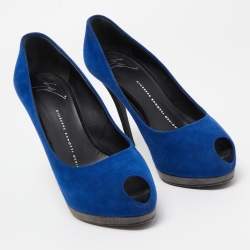 Giuseppe Zanotti Blue Suede Peep Toe Platform Pumps Size 37