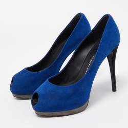 Giuseppe Zanotti Blue Suede Peep Toe Platform Pumps Size 37