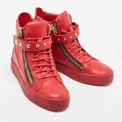 Giuseppe Zanotti Red Leather Studded Double Zip High Top Sneakers Size 44