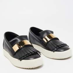 Pre Owned Giuseppe Zanotti Black Fringed Leather Slip On Sneakers Size 37