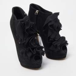 Giuseppe Zanotti Black Suede Frill Peep Toe Ankle Boots Size 37