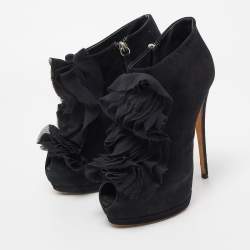 Giuseppe Zanotti Black Suede Frill Peep Toe Ankle Boots Size 37