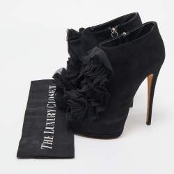 Giuseppe Zanotti Black Suede Frill Peep Toe Ankle Boots Size 37