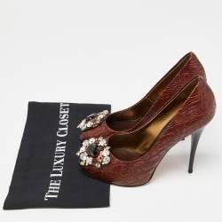 Giuseppe Zanotti Brown Croc Embossed Leather Crystal Embellished Peep Toe Pumps Size 37